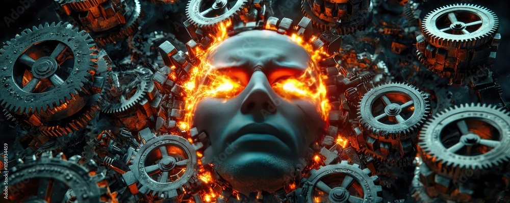Aufkleber futuristic face surrounded by mechanical gears and glowing elements.