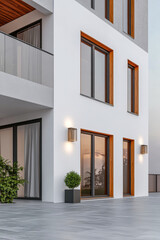 Modern architectural design of a residential building with large windows and outdoor lighting
