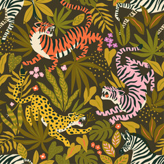 Wild tigers, leopards and zebra on tropical plants flower background. Safari animal print. Fashionable fabric design.Vector seamless pattern. 