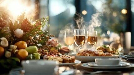 Fototapeta premium A beautifully set dinner table featuring elegant dishes, steaming hot meals, floral decorations, and sparkling wine glasses illuminated by soft ambient lighting.
