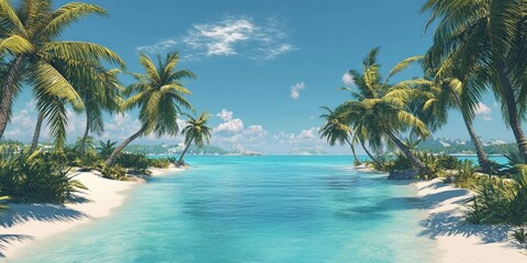 A tranquil tropical scene features a peaceful turquoise lagoon encircled by palm trees, set against a white sandy beach beneath a bright, clear blue sky.