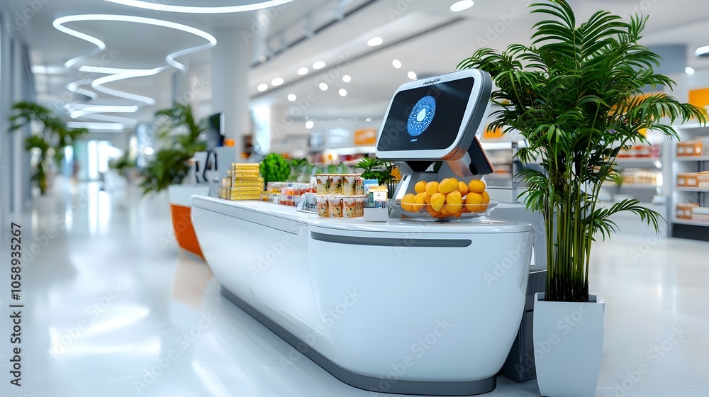 Poster A futuristic retail store checkout area using and facial recognition technology to provide a seamless automated shopping experience for customers  The store features a sleek