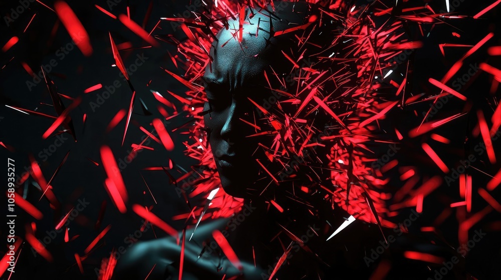 Poster Abstract art depicting a fragmented mind with red shards expressing emotion.