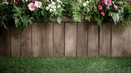 Fototapeta premium A charming, colorful floral arrangement beautifully decorates the area beside a rustic wooden fence, enhancing the outdoor space with nature's vibrant touch.