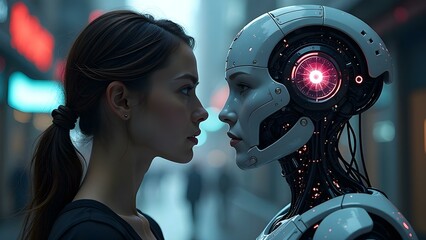 Woman opposite AI. The concept of confrontation between humanity and artificial intelligence. AI generated