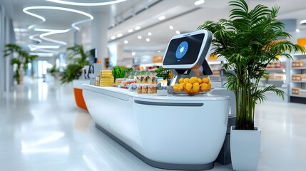 A futuristic retail store checkout area using and facial recognition technology to provide a seamless automated shopping experience for customers  The store features a sleek