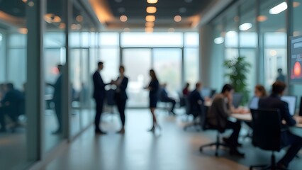 Modern Business Office with Glass Partitions with Blurred People in Casual Clothes. AI generated