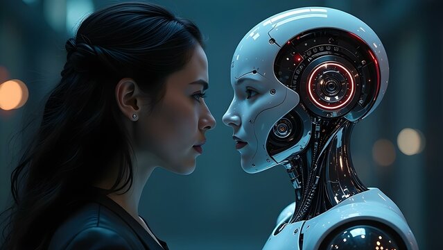 Woman opposite AI. The concept of confrontation between humanity and artificial intelligence. AI generated