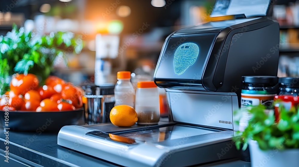 Poster close up view of an automated checkout station in a modern retail store where advanced facial recogn