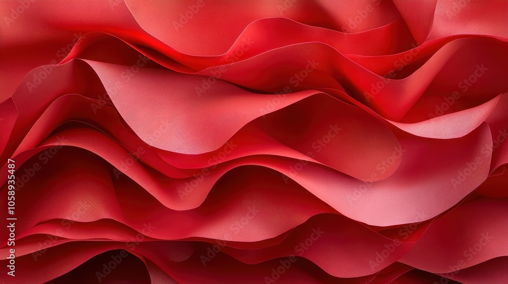 Poster an intricate display of layered red fabric textures forming complex and dynamic waves, offering dept