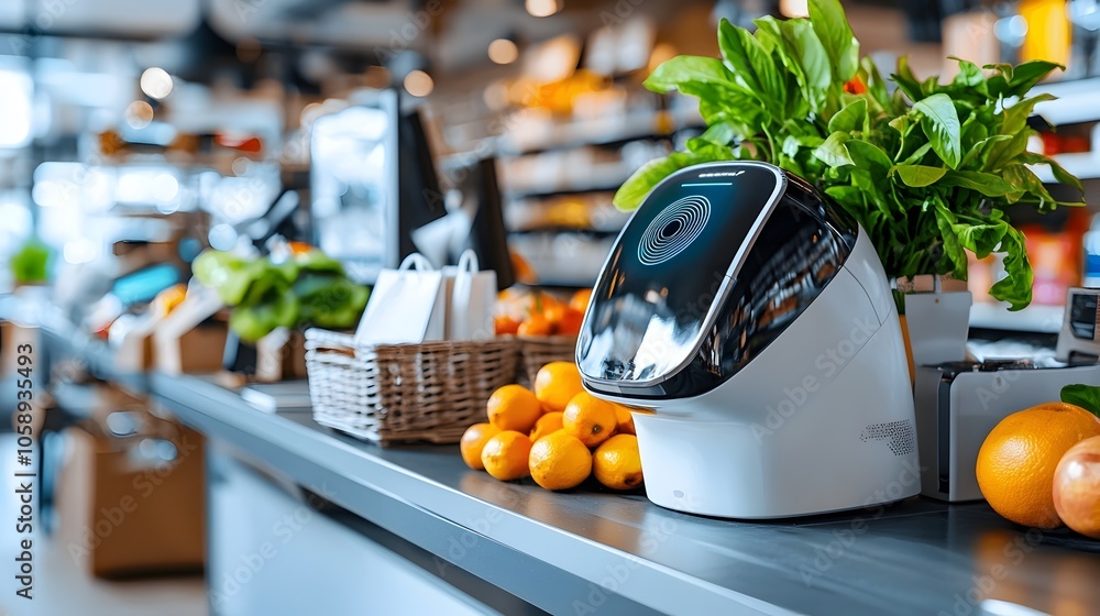 Poster futuristic retail store checkout area with advanced and facial recognition technology creating a sea