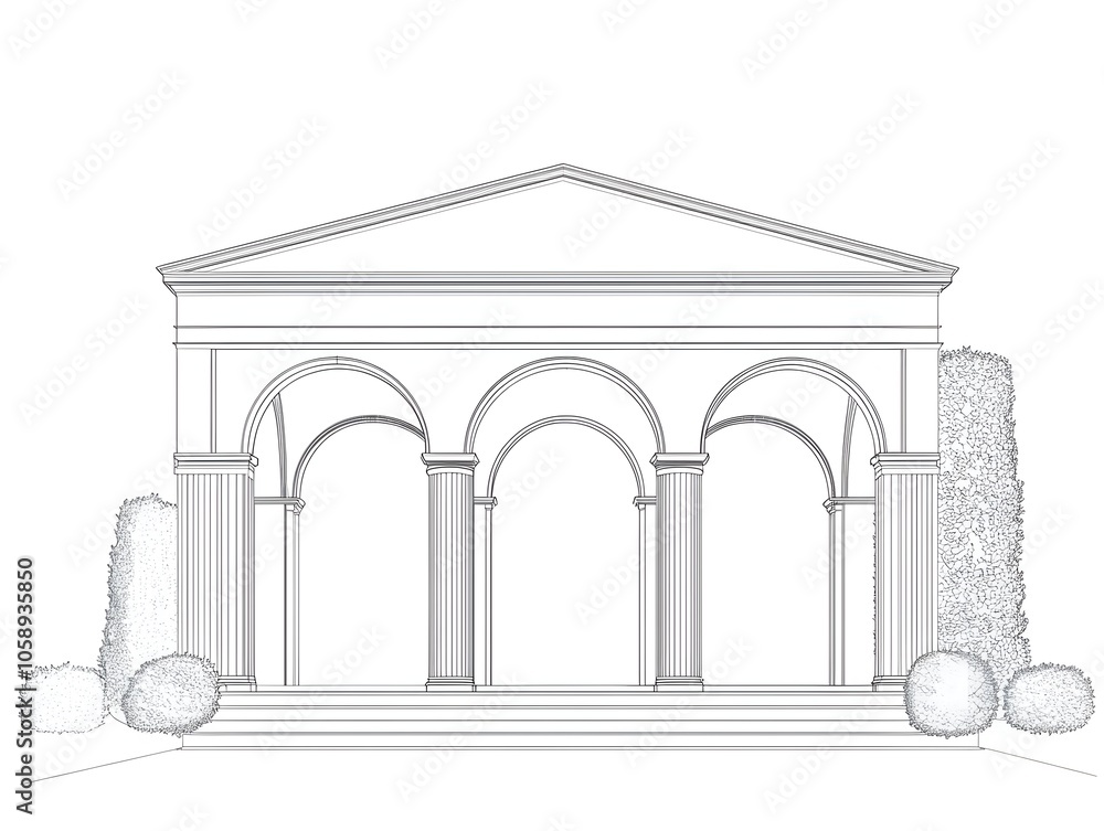 Poster minimalist line of a traditional greek style villa with arched columns and clean sharp architectural