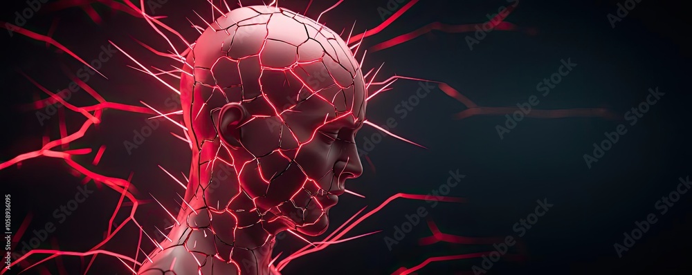 Poster abstract representation of a human head with red energy patterns.