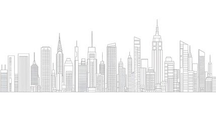 Minimalist Monoline Cityscape with Sleek Architectural Silhouettes on Clean White Background