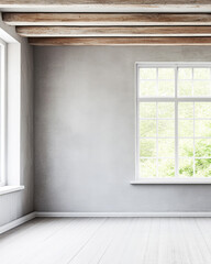 Fototapeta premium Bright and airy empty room with large windows and wooden beams in a serene setting
