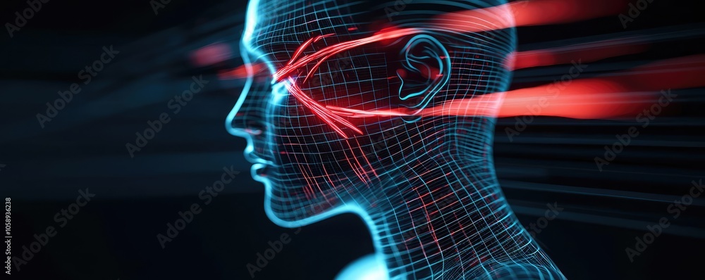 Aufkleber Digital rendering of a human head with neural pathways and glowing lights.