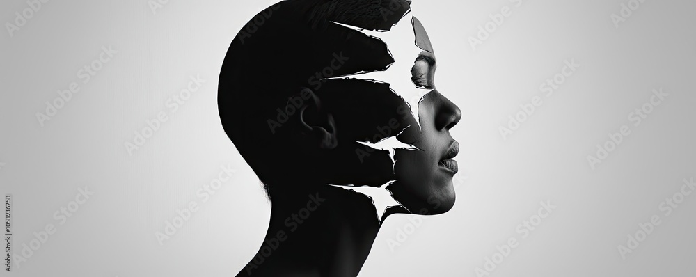 Poster Silhouette of a person with abstract patterns on their face, white isolate background