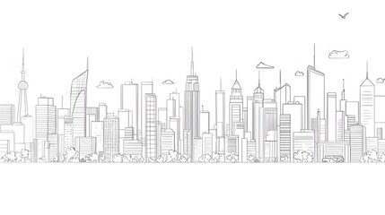 Naklejka premium Minimalist Line Drawing of Cityscape with Skyscrapers and Clean Lines Against White Background