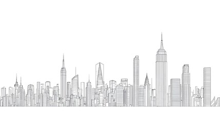 Minimalist Line Drawing of Cityscape with Skyscrapers and Buildings Against White Background