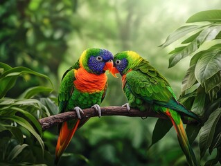Vibrant Rainbow Lorikeets Perching on Tree Branch in Lush Tropical Foliage