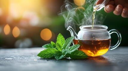 Elegant 1970s inspired shot of a hand pouring herbal tea with mint leaves placed beside and dreamy bokeh lighting and golden glow adding a warm soothing atmosphere