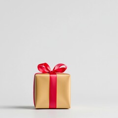 Obraz premium Vibrant Red Ribbon Wrapped Golden Gift Box on Plain Studio Background