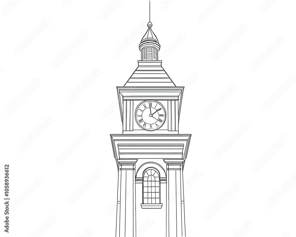 Poster minimalist clock tower sketch with clean vertical lines and precise details on white background