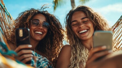 Two happy friends relax and laugh together on a hammock on a sunny day, each holding a smartphone, embracing friendship and joy under a clear blue sky.