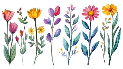 Vibrant Watercolor Wildflower Bouquet with Botanical Elements