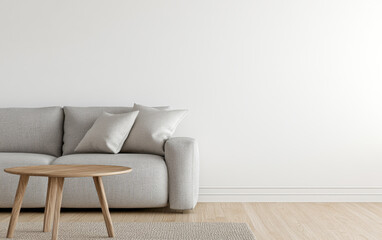 Cozy living room with a light gray sofa and wooden coffee table on a minimalist design day