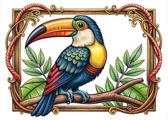 Naklejka premium Vibrant Toucan in Linocut Style - Tropical Bird Art Print