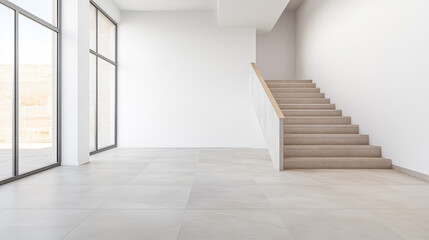 Obraz premium Modern interior with large windows and wooden staircase in minimalist design