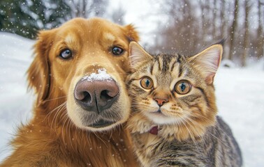 A cat and dog taking a selfie together, with happy expressions on their faces, against a snowy background.