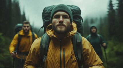 A man in a bright yellow jacket leads two other hikers through a foggy forest trail, symbolizing leadership, strength, and the bond of companionship amid nature.