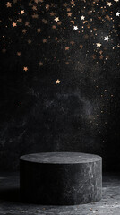 Aesthetic product podium made of black stone, dark background, with small floating star confetti. Generative AI