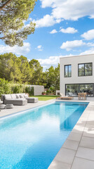 Fototapeta premium Modern villa with a pool surrounded by greenery on a sunny day