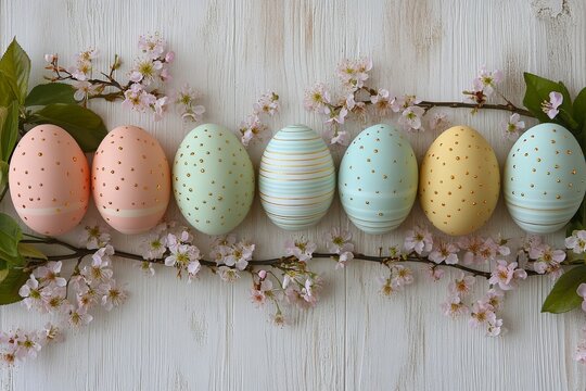 Colorful Easter eggs arranged on a rustic white wooden table with cherry blossom branches
