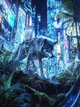 A cybernetic wolf stands in a futuristic city, illuminated by neon lights.