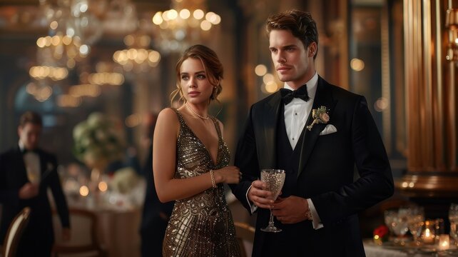 A glamorous couple makes a grand entrance at a prestigious charity ball.