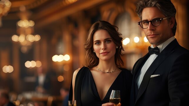 A powerful couple exudes authority and influence at a corporate event.