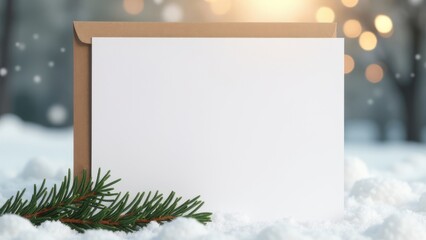 Close up blank paper card for your text and craft paper envelope on snow over bokeh landscape background.