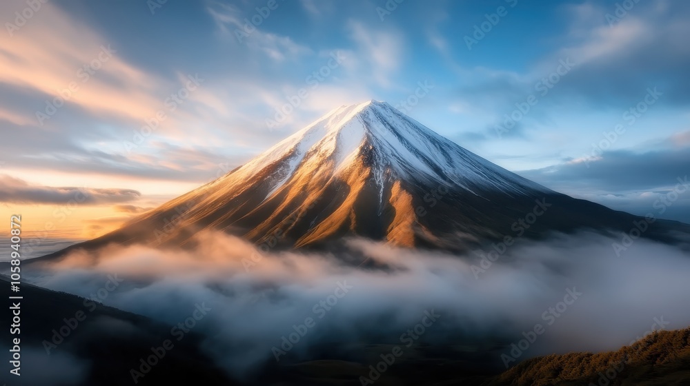 Poster the mountain peaks emerge dramatically from the low-rolling clouds during dawn, creating a mystical 