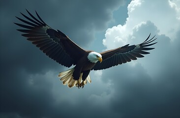 Obraz premium A majestic eagle soaring through a stormy sky, dramatic lighting, wildlife photography, 4k, realistic
