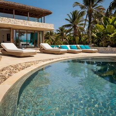 Fototapeta premium Luxury beachfront villa with infinity pool, sun loungers, and lush tropical landscaping. Escape to paradise. 
