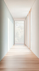 Fototapeta premium Bright modern hallway featuring wooden flooring and large windows in a minimalist design