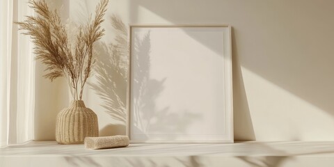An empty mockup featuring a white frame set against a soft, neutral backdrop, providing a clear and unobtrusive display for showcasing designs or artwork.