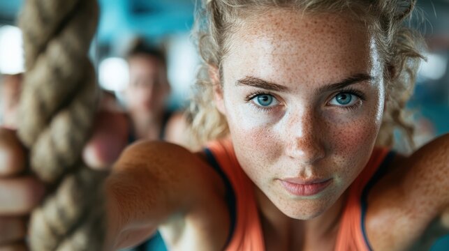 An athletic woman performing a battle rope exercise in the gym, conveying intensity and strength, aimed at promoting fitness and personal development goals.