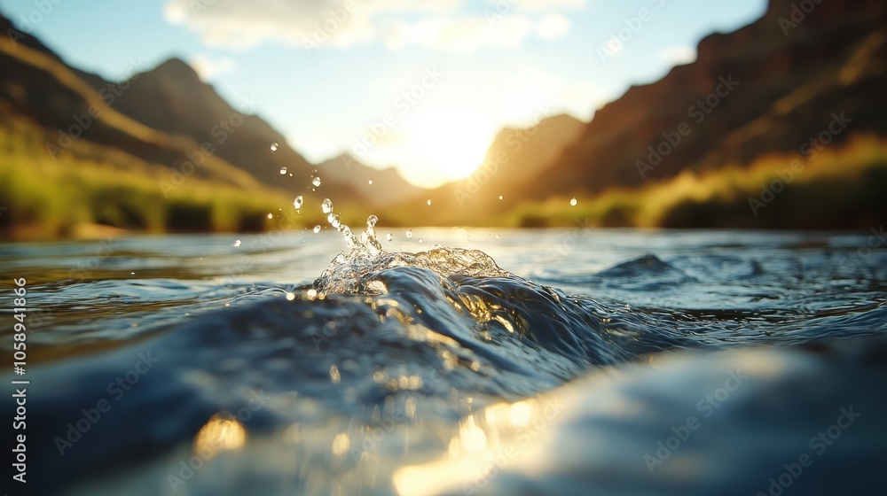 Poster an exciting capture of water splashing vibrantly as sunlight streams through the canyon backdrop, sh