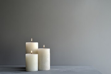 Three Lit Candles on a Gray Surface Against a Gray Wall