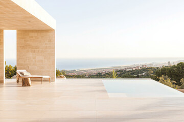 Modern villa with ocean view showcases serene outdoor space and infinity pool at sunset